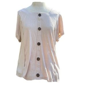 FRENCH LAUNDRY short sleeve blouse, womens size large, color is tan with buttons